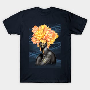 Black and white girl with color beautiful flowers in her head. T-Shirt